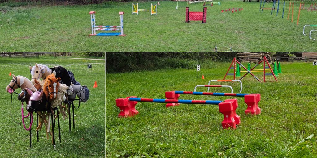 Hobby Horsing Trainingsgelände beim RC Mauritius Diepersdorf – 
Springparcours mit bunten Hindernissen, Dressurplatz und 
Steckenpferde auf der Wiese im Nürnberger Land